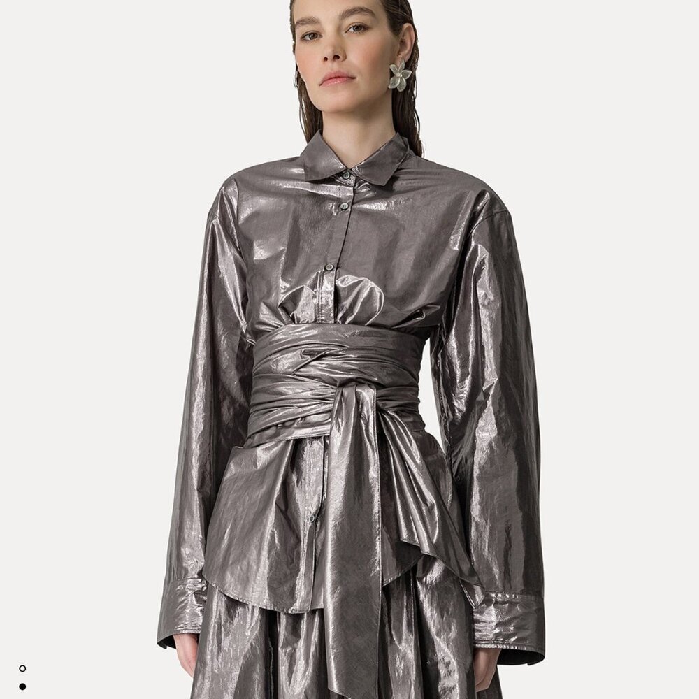 forte forte metallic silver shirt with sash
